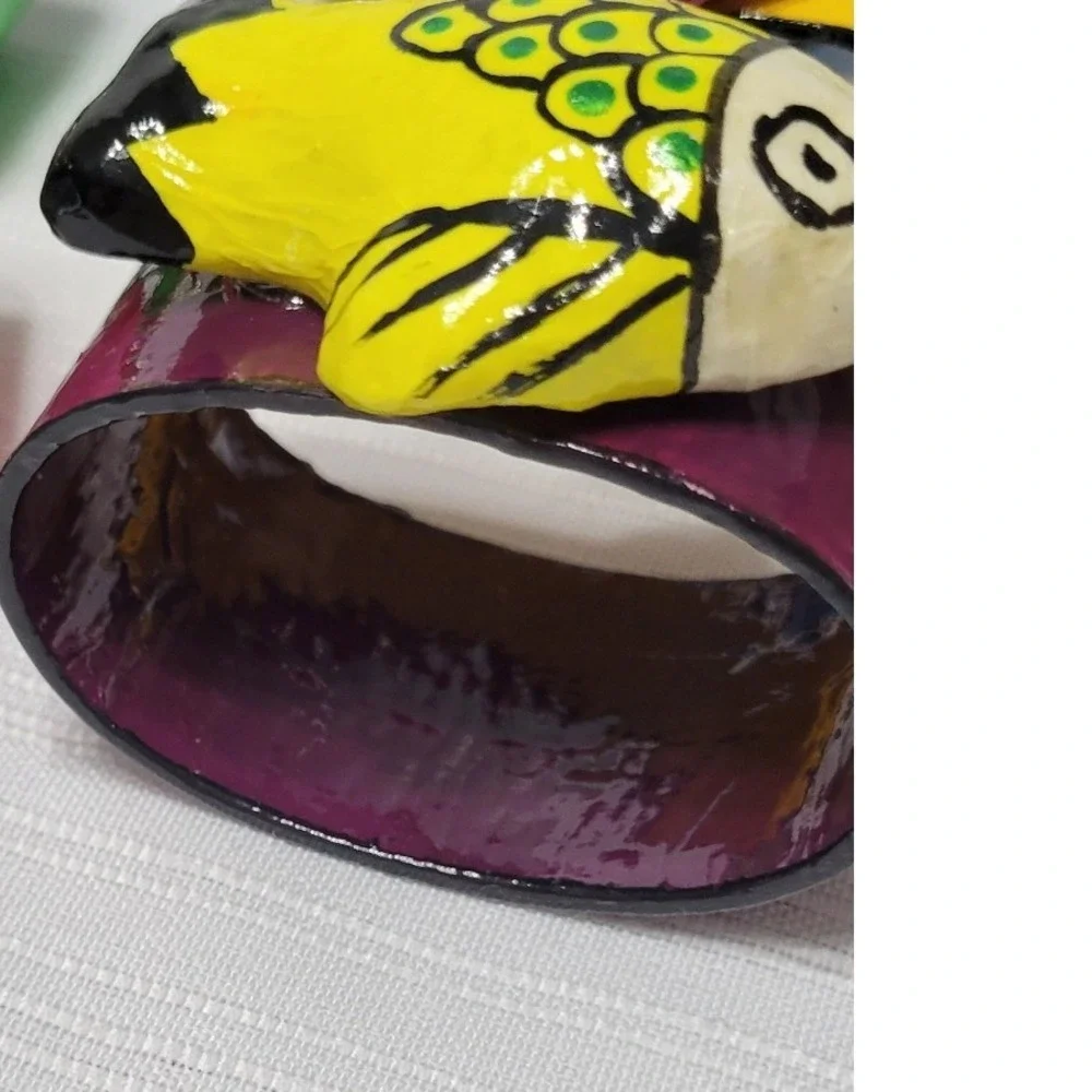 Vintage Folk Art Hand Painted Papier Mache Fish Napkin Rings Colorful
